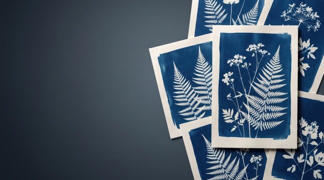 Collection of handmade botanical cyanotype prints featuring delicate ferns and meadow flowers