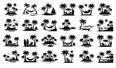 Obraz premium Tropical Island Palm Tree Hammock Beach Vacation Black Silhouette Vector Set