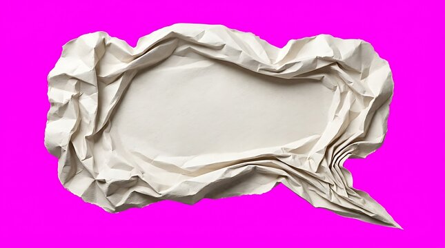 Crumpled paper speech bubble frame isolated on pink background with a speech bub