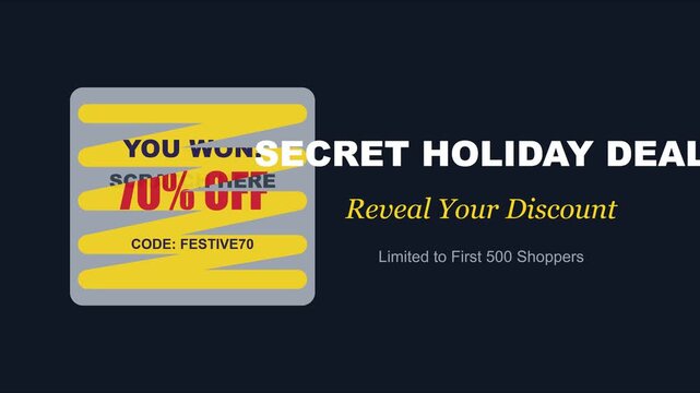 Secret holiday deal reveal: interactive scratch card animation with 70% discount promo code for festive e-commerce marketing campaigns 4k