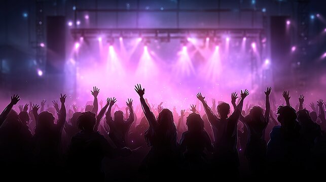Crowd cheering with hands raised at a concert, vibrant purple stage lights