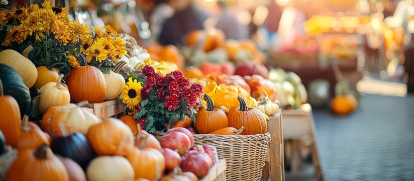 Autumn farmer's market displaying pumpkins and fall harvest, banner