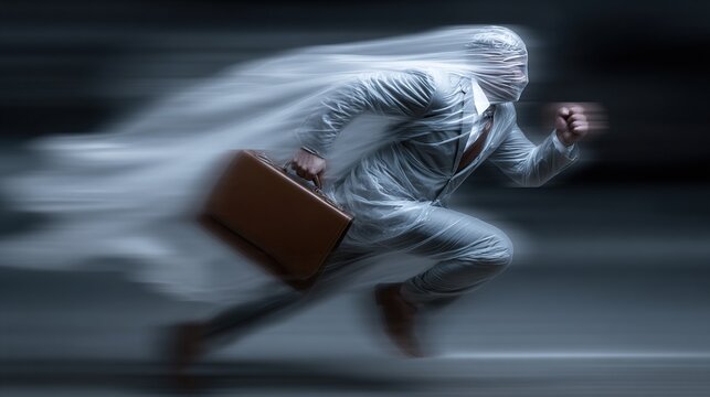 Businessman wrapped in plastic running fast, motion blur, speed concept