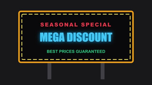 Seasonal special mega discount sign with prices guaranteed text for retail marketing and promotional sales campaigns animation 4k