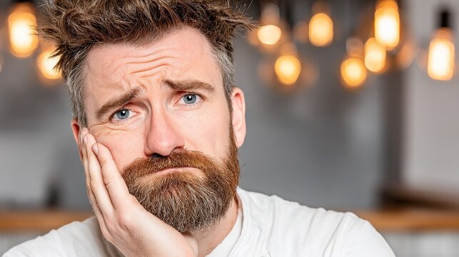 Man with worried expression holding face, portrait