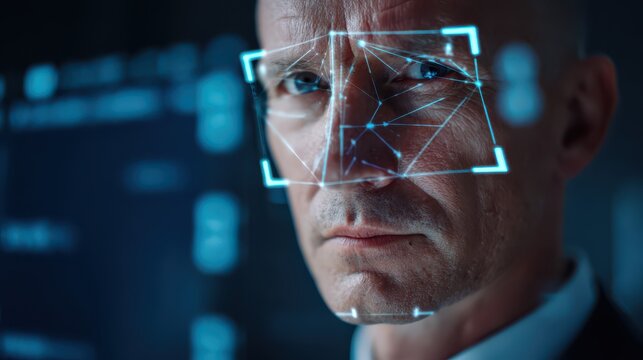 Man's face scanned with biometric security technology during digital data analysis with blue bokeh background