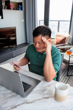 Stressed man working on his laptop at home.