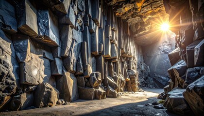 Fototapeta premium Golden sunlight beams into a dark basalt column cave, evoking feelings of hope and wonder. Nobody is in this majestic volcanic rock canyon, perfect for travel and adventure.