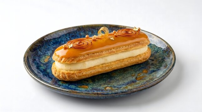 Gourmet Caramel &Eacute;clair with Vanilla Cream Isolated on White