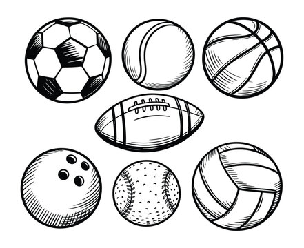 Collection of various handdrawn sports balls including soccer tennis basketball American football bowling baseball and volleyball rendered in black and white outline style on a transparent background