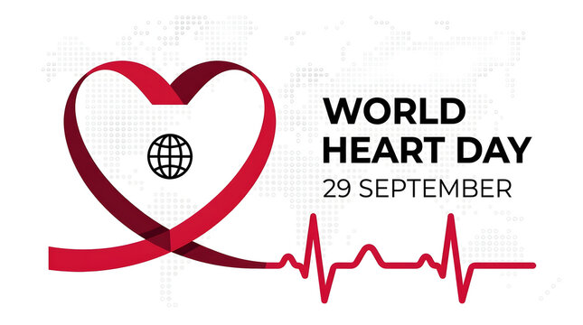 World heart day vector concept featuring a red ribbon heart globe and ecg heartbeat monitor line