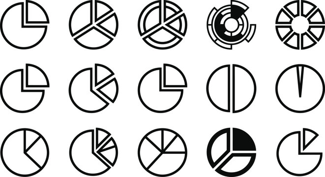 Collection of pie charts with varying segment sizes representing data analysis and statistics