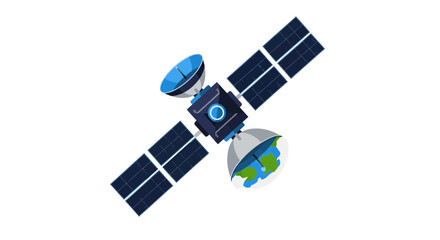 Obraz premium Flat Vector Illustration of a Space Communication Satellite with Solar Panels and Earth Observation Dish Isolated on White Background