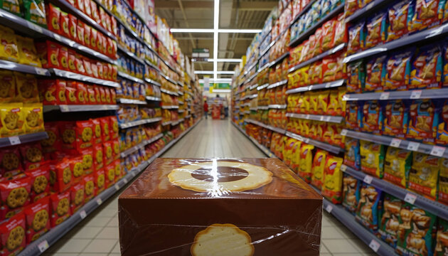 A firstperson view of shopping in a supermarket aisle filled with colorful snack shelves, holding a box of cookies with nobody around. Ideal for retail and consumerism concepts.