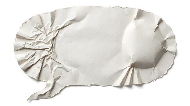 Wrinkled white paper speech bubble with crumpled texture, a heavily creased