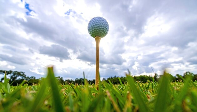 A lowangle shot of a white golf ball on a wooden tee in lush green grass against a dramatic cloudy sky with nobody present, symbolizing ambition, focus, and athletic passion.
