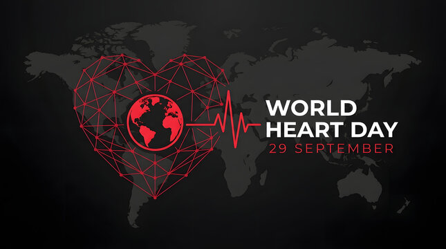 World heart day dark background with red globe inside a heart shape and heartbeat line