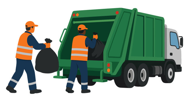 Two sanitation workers in bright orange high-visibility vests loading black trash bags into rear compactor of green garbage truck parked on city street, vector illustration