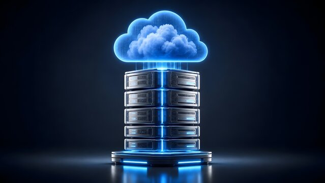 Futuristic 3D cloud computing concept featuring a glowing blue data server stack with a digital cloud icon on a dark background.