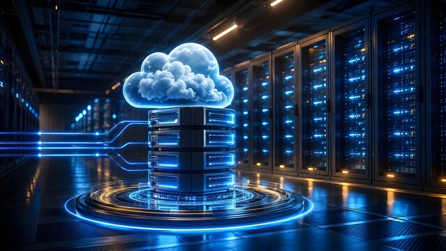 Advanced cloud computing network illustrating a central glowing server rack with digital fiber lines and virtual cloud in a data center.