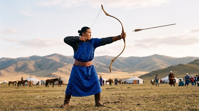 Young Mongolian archer releases beneath distant festival mountains