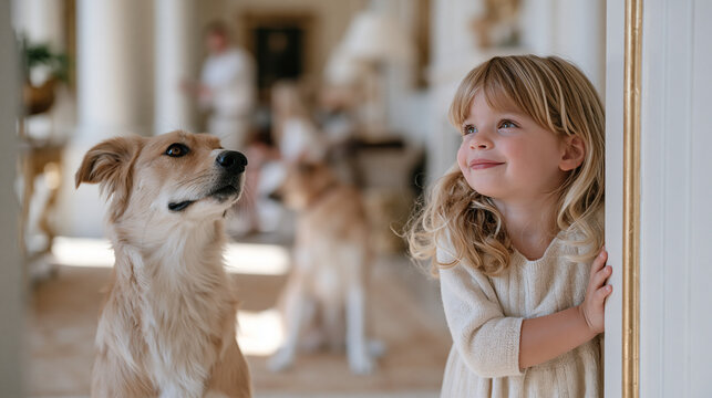 A young child watches a dog training session from a luxury estate hallway, partially hidden behind a doorframe, her perspective framing a trainer redirecting a working breed