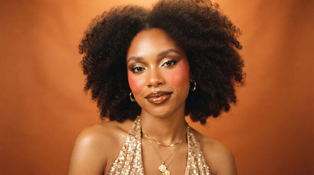 A Beautiful Woman with a Voluminous Natural Afro and Glowing Warm Toned Makeup Posing Against a Textured Burnt Orange Backdrop
