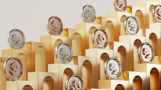 Dollar Coins on Golden Staircase of Financial Growth