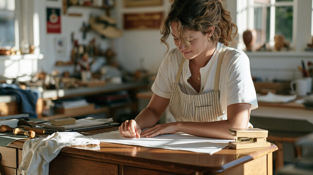 An antique restorer examines a refinished writing desk alone in a modest home workshop, the aftermath of a long restoration visible in organized tools and a final polishing cloth