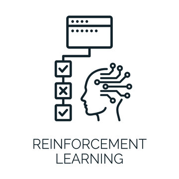 Reinforcement learning icon showing human head with circuit lines connected to a data box and process checklist