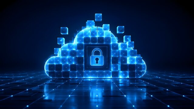 Glowing blue digital cloud made of 3D cubes with a padlock icon representing secure cloud storage and data encryption technology.
