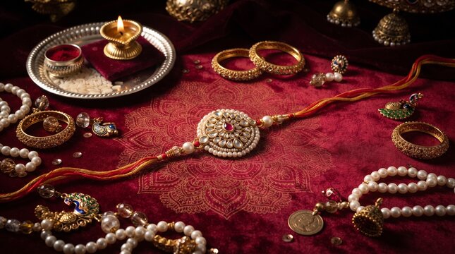 Luxurious Raksha Bandhan Flatlay Featuring Kundan Rakhi, Gold Bangles, Pearl Jewelry, Brass Diya, and Mandala Pattern on Red Velvet