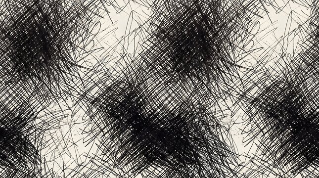 Abstract hand-drawn black ink scribbles and cross-hatching pattern on a light beige paper background, featuring dense chaotic line art texture with a gritty artistic sketch aesthetic.