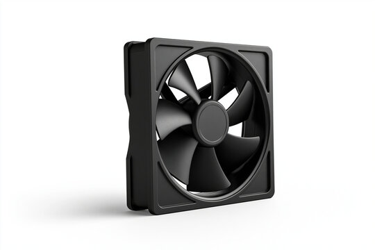 Modern black computer cooling fan isolated on white background. Ideal for hardware components and PC building concepts.