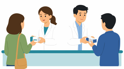 Fototapeta premium Two pharmacists in white coats handing medication boxes to customers across pharmacy counter, flat colors illustration vector design for healthcare services