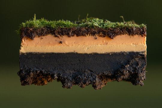 A detailed cross section of soil and earth layers showing moss and various geological strata. Educational graphic for science and environmental projects.