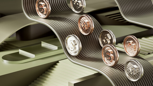 Dollar Coins Rolling Along Curved Metallic Track