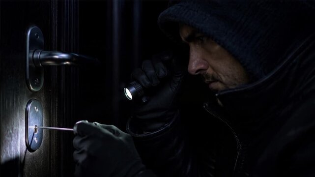 Hooded intruder using tools for a nighttime lock picking break in at a residential house
