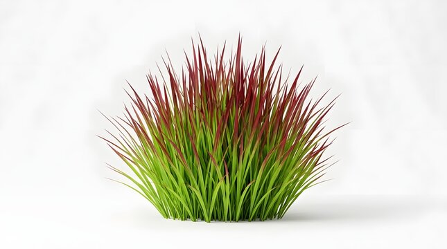 Japanese blood grass plant with distinctive red tips and green blades on a clean white background. This ornamental grass, Imperata cylindrica Red Baron, is shown in a full clump.