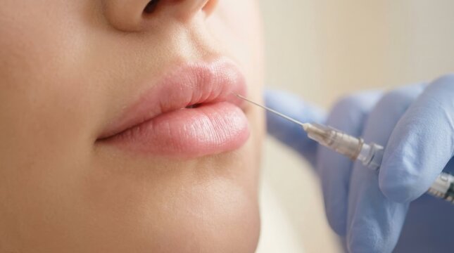 Cosmetic lip filler injection procedure in beauty clinic