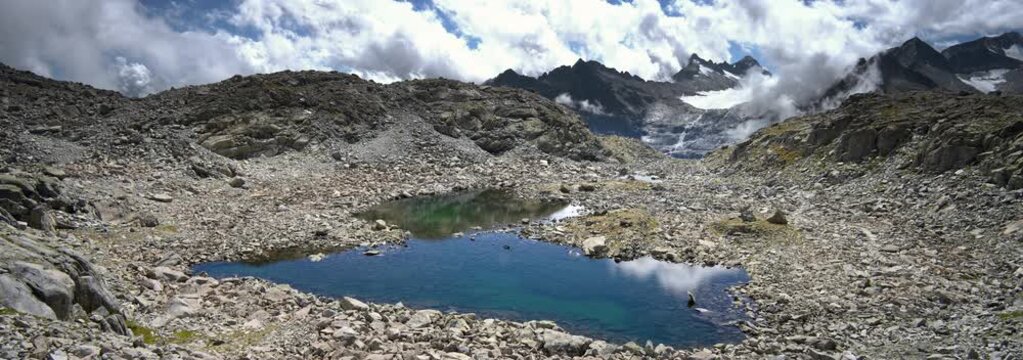 Anamorphic Lens - Landscape on the Dark lake at the Presena pass.
