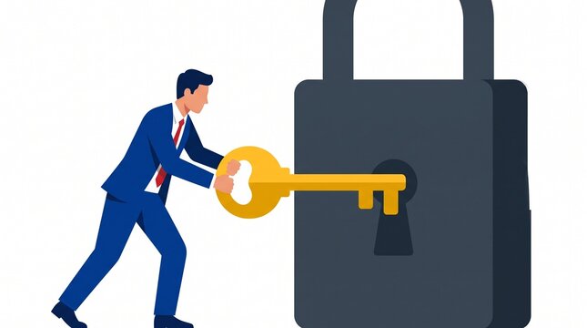 Businessman unlocking a large padlock with a key