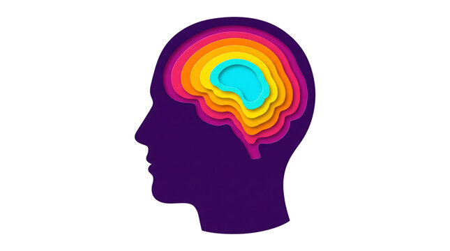 A colorful layered paper cut style human head silhouette showing a brain concept isolated on a clean white transparent background image