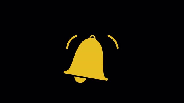 Simple yellow notification bell ringing animation on a black background for alpha channel transparency. Perfect for social media alerts, reminders, and app notifications.
