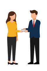 Fototapeta premium Hand-drawn vector illustration of a businesswoman and businessman exchanging a business card in a professional office setting, ideal for networking and corporate handshake concept designs