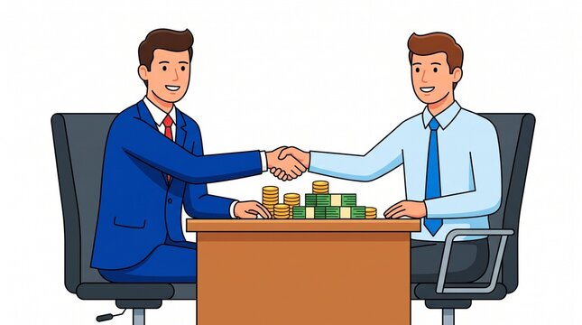 Two businessmen shaking hands over money stacks