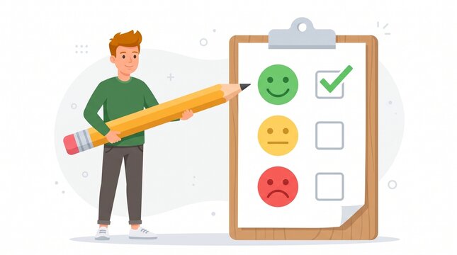 Man checking happy smiley feedback with pencil