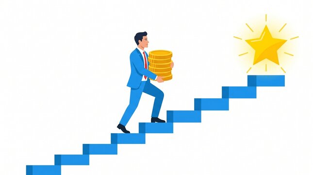 Businessman carrying gold coins climbing stairs to star