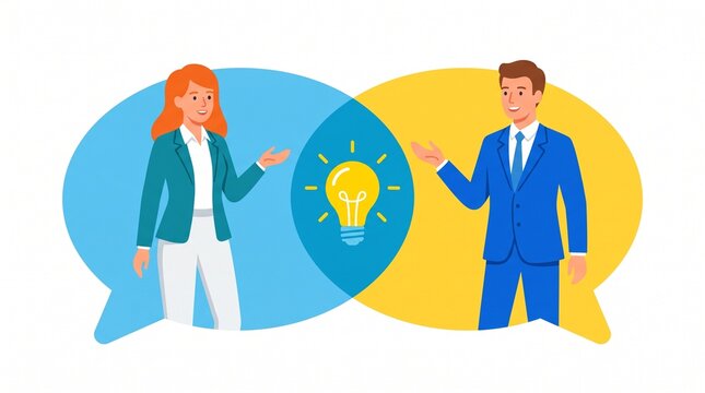 Two professionals discussing ideas with lightbulb