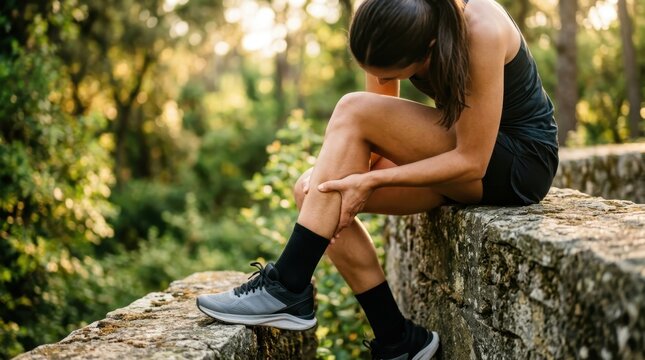 Runner woman holding her sore leg due to calf muscle cramp injury